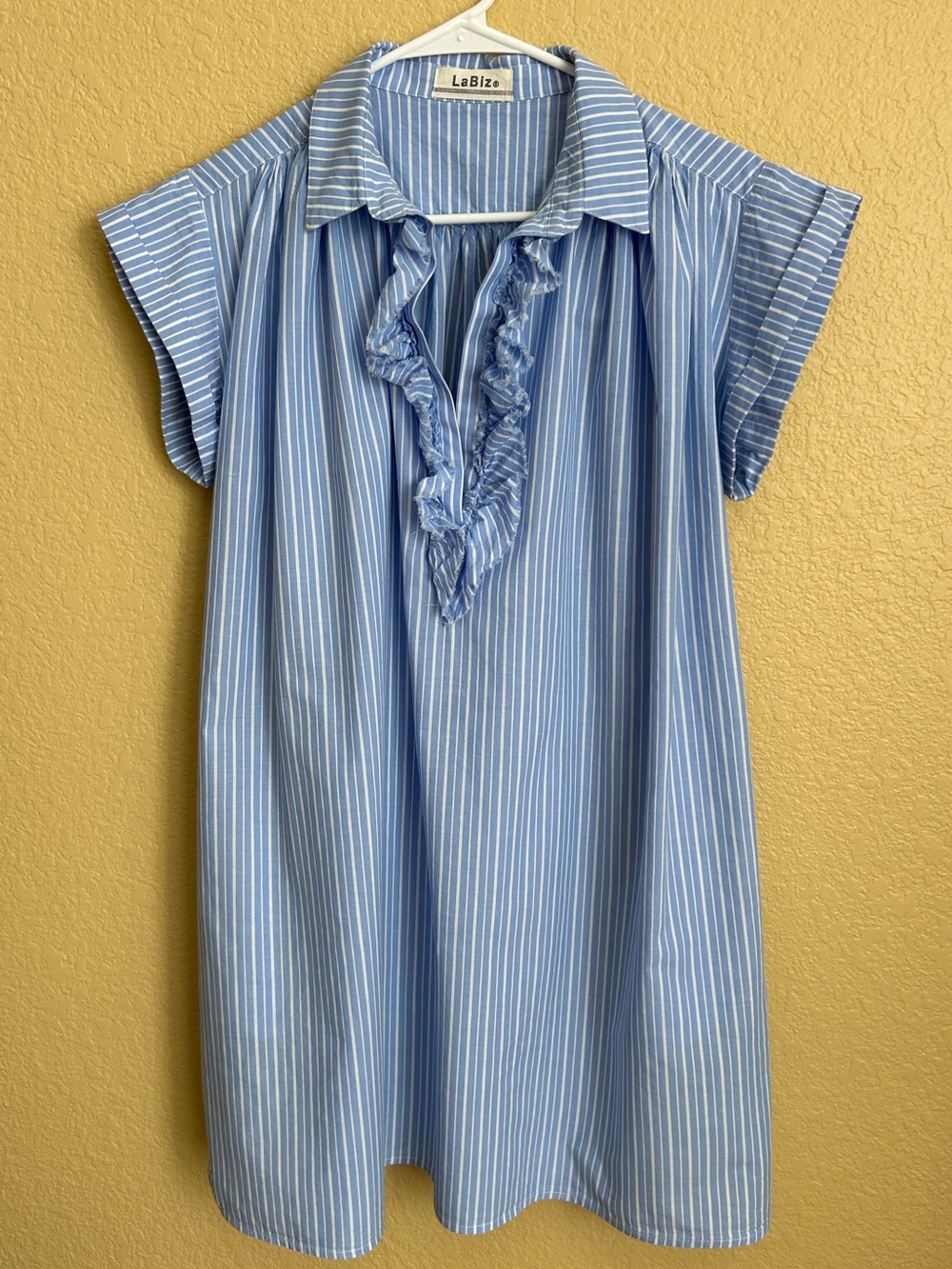 La Biz Striped Ruffle V-Neck Dress